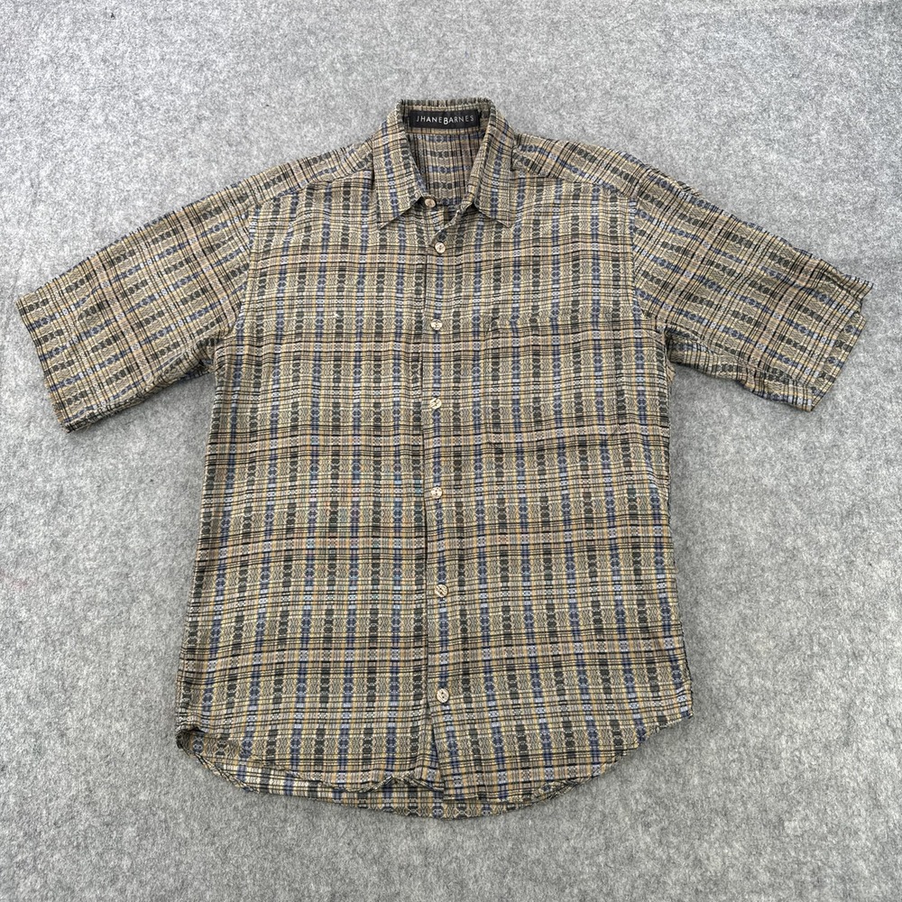 Jhane Barnes Shirt Mens Small Brown Plaid Cotton Short Sleeve Button Front